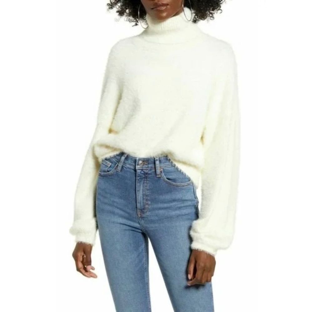 4SI3NNA Ivory Cropped Soft Textured Turtleneck Sweater NWT Sz S‎